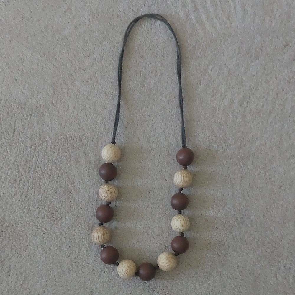 Beaded Natural Wood Necklace in Brown and Beige